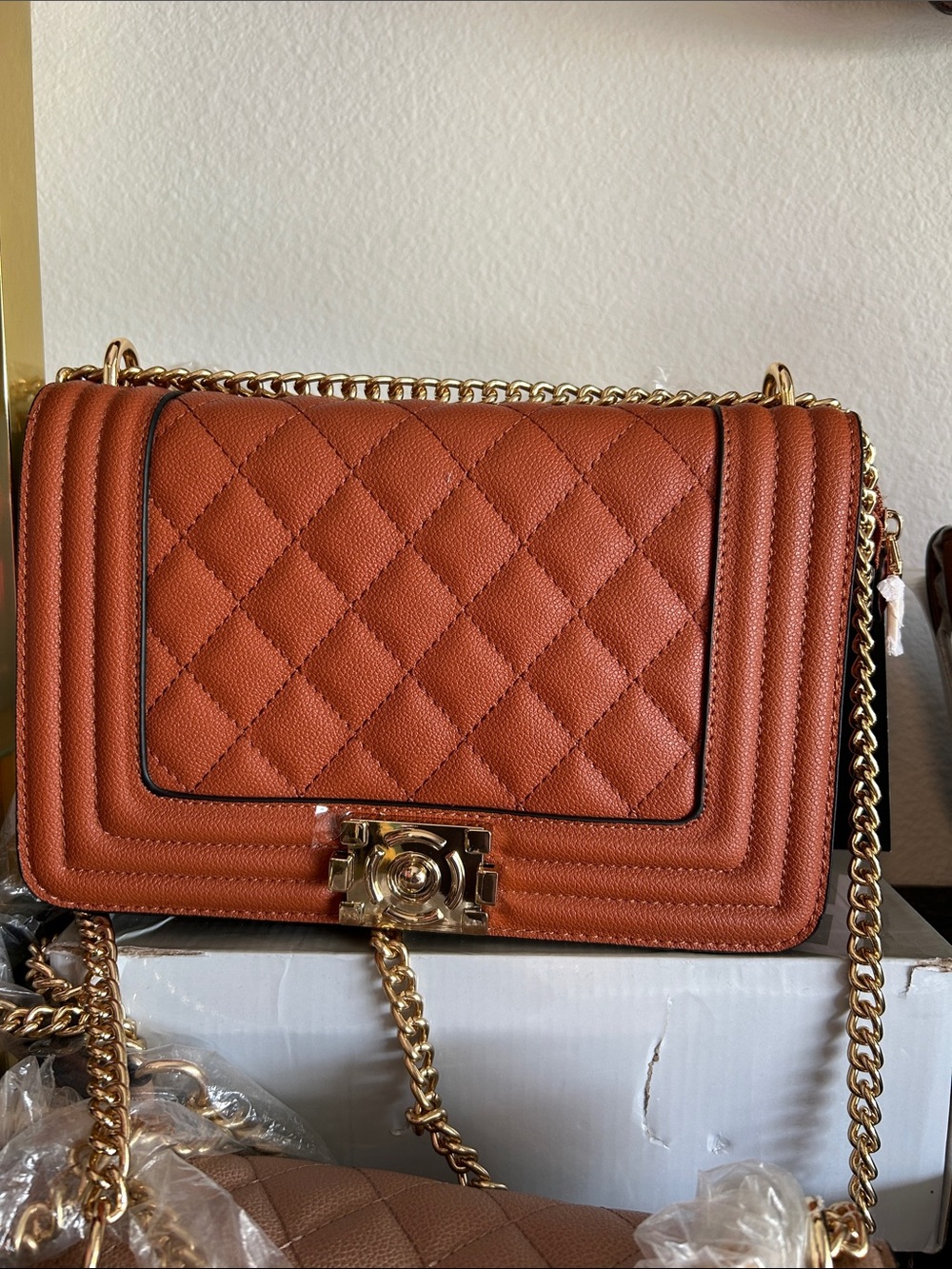Quilted Leather Chain Shoulder Bag in Burnt Orange